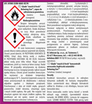 Tył opakowania Glade Relaxing Zen odświeżacza powietrza z symbolami ostrzegawczymi i instrukcją użycia.