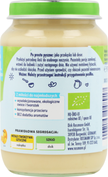 Tył słoiczka ekologicznego przecieru jabłkowo-bananowego z twarożkiem, etykieta BIO z opisem produktu.