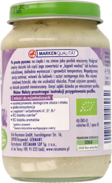 Tył słoiczka z ekologiczną kaszką manną Rossmann, fioletowa etykieta z instrukcjami, składem i certyfikatem BIO.