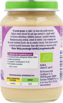 Tył słoiczka ekologicznej kaszki manny Rossmann z mlekiem, ciasteczkami, bananami i polskimi instrukcjami.