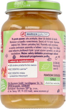 Tył słoika przecieru owocowego Rossmann, z zieloną zakrętką i etykietą 'BEZ DODATKU cukrów'.