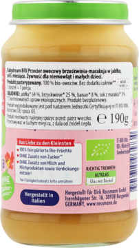 Tył słoiczka Rossmann BIO przecieru owocowego: jabłko, brzoskwinia, marakuja, 190g, bez cukru.