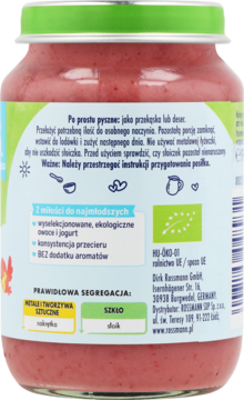 Tył słoiczka deseru jabłkowo-truskawkowego z jogurtem, z zieloną etykietą, bio, bez aromatów, widoczne instrukcje.