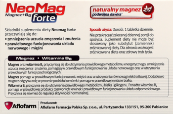 Tył białego opakowania NeoMag Forte z magnezem i witaminą B6, widoczne informacje o składnikach i dawkowaniu.