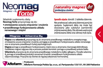 Neomag forte, białe opakowanie suplementu diety z magnezem i B6, opis korzyści, widok informacyjnego panelu.