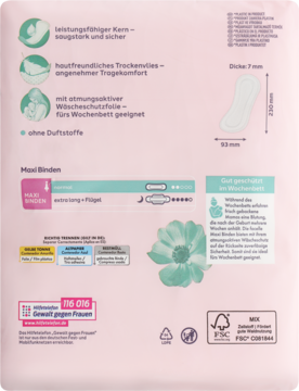 Tył różowego opakowania facelle Podpaski Maxi Normal. Opis: ekstra długie, ze skrzydełkami, bez zapachu, na połóg.