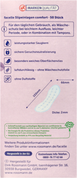 Pionowe opakowanie wkładek higienicznych facelle Comfort 50 sztuk, z opisem cech i wymiarami.