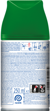 Tył zielono-białego wkładu Air Wick Freshmatic 250ml z instrukcjami użytkowania i ostrzeżeniami.