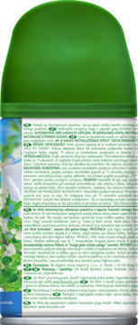 Tył zielonego Air Wick Freshmatic, odświeżacz powietrza, biała etykieta z wielojęzycznymi instrukcjami użycia.