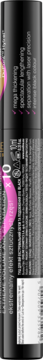 Tusz Extension Volume 4D FALSE DEFINITION. Tylna etykieta czarnego tuszu Eveline Cosmetics z opisem i różowym wzorem.