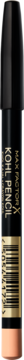 Pionowa czarna kredka Max Factor Masterpiece Kohl Pencil z beżową końcówką i złotym spodem, widok z przodu.