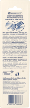 Tył beżowego opakowania szczoteczki do protez Rossmann, szczegóły o specjalnym układzie włókien i ergonomicznym uchwycie.