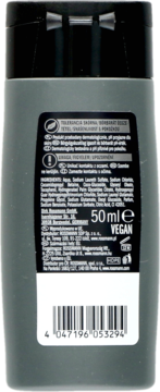 Tył szarego żelu pod prysznic Isana Men 50ml, z etykietą, składem, informacją VEGAN i kodem kreskowym.