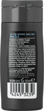 Isana Men żel pod prysznic Fresh 3-1, tył czarnej butelki z etykietą ze składnikami i kodem kreskowym, 50 ml.