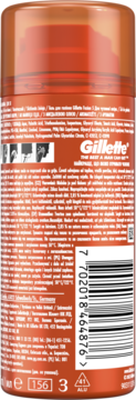 Tył pomarańczowej puszki żelu do golenia Gillette Fusion ze szczegółowym opisem produktu i kodem kreskowym.