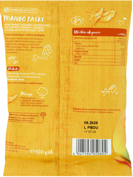 Tylna strona opakowania suszonego mango w paskach, 100g, z widoczną tabelą wartości odżywczych i datą ważności.