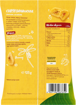 Tył żółto-zielonej paczki chipsów bananowych Crispy Banana z informacjami odżywczymi i składem, 125g.