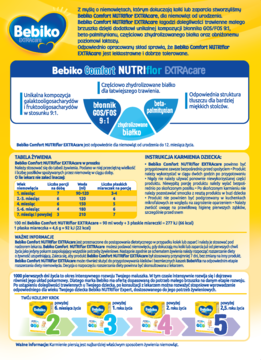 Ulotka Bebiko Comfort NUTRIflor EXTRAcare, żywność medyczna dla niemowląt od urodzenia na kolki i zaparcia.