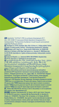 Tył zielono-niebieskiego opakowania podpasek TENA dla nietrzymania moczu. Widoczne logo i tekst w wielu językach.
