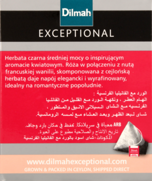Pionowe opakowanie herbaty Dilmah Exceptional, czarna róża i wanilia. Czerwono-czarny karton, z przodu widać torebkę.