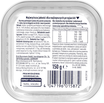 Tył tacki Senior Menu karmy dla psów: drób i warzywa, z etykietą i składem.