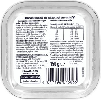 Tył plastikowego opakowania karmy dla psów 7+ z drobiem i makaronem, 150g. Biała etykieta z opisem i dawkowaniem.