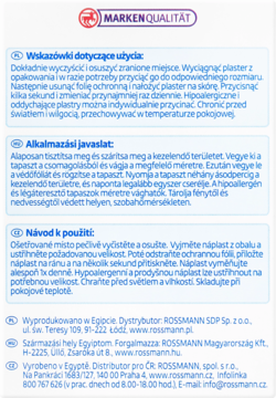Tył opakowania Altapharma plastry z opatrunkiem. Biała etykieta, niebieskie instrukcje użycia w wielu językach.