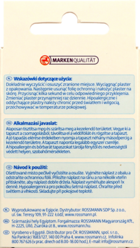Tył opakowania plastrów altapharma Sensitive z instrukcjami użycia w wielu językach i logo jakości.