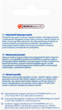 Tył opakowania plastrów altapharma Sensitive. Białe z czarnym paskiem, instrukcje użycia i dane dystrybutorów Rossmann.