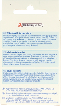 Tył białego opakowania plastrów z wielojęzycznymi instrukcjami i logo Marken Qualität u góry.