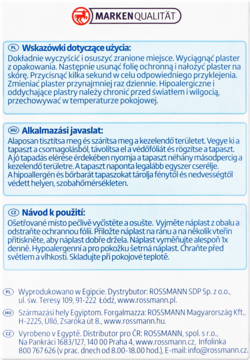 Tył opakowania plastrów ROSSMANN Kids z instrukcjami w językach PL, HU, CZ i danymi dystrybutorów.
