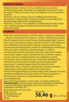 Tył opakowania Supradyn Energia z listą składników i masą netto 38,46g na tle gradientu pomarańczowo-żółtego.