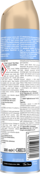 Tył puszki odświeżacza powietrza Glade Pure Clean Linen, niebiesko-złotej, z informacjami i kodem kreskowym.