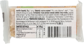 EnerBio Baton sezamowy 28g, tył bezglutenowego opakowania z białą etykietą i kodem kreskowym.