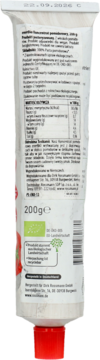 Tył tubki enerBio koncentratu pomidorowego 200g, z etykietą ze składnikami i certyfikatem BIO.