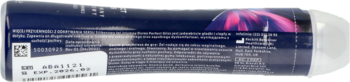 Tył opakowania żelu intymnego Durex Perfect Gliss, ciemnoniebieska tubka z widocznym tekstem i białym kodem kreskowym.