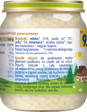 Tył słoiczka HIPP BIO Ryż mleczny z jabłkami, widoczna etykieta ze składem i sposobem użycia.