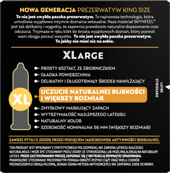 Czarne opakowanie prezerwatyw SKYN XLARGE nowej generacji. Nielateksowe, nawilżane, dla naturalnych odczuć. Widok z przodu.