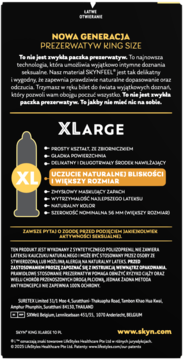 Czarna ulotka prezerwatyw SKYN King Size XLarge, opisująca nielateksowy materiał i naturalne doznania.