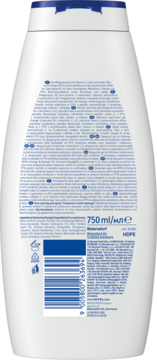 Tył białej, wyprofilowanej butelki NIVEA Żel pod prysznic Orange & Avocado Oil 750 ml z kodem kreskowym.