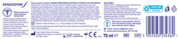 Tył białego opakowania pasty Sensodyne Odbudowa i Ochrona Whitening 75ml, z pełnym opisem, kodem i certyfikatami.