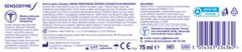Tył opakowania pasty Sensodyne Odbudowa i Orona Whitening 75ml, białe z fioletowym tekstem i kodem kreskowym.