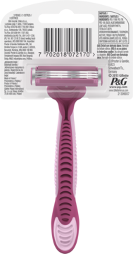Tył różowej maszynki Gillette Simply Venus 3 w opakowaniu, z kodem kreskowym i etykietami produktu.
