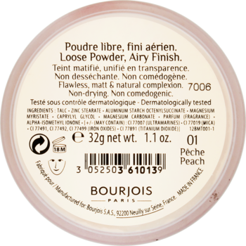 Tył okrągłego pudru Bourjois Libre Loose Powder Peach 01, z opisem, kodem. Matujący, 32g.