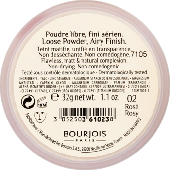 Bourjois Poudre Libre Airy Finish Loose Powder 02 Rose Rosy, top of round pink compact with product details.