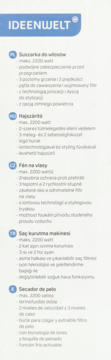 Suszarka Ideenwelt, etykieta opakowania z opisem: maks. 2200W, jonizacja, 3 ciepła, 2 prędkości, zimne powietrze.