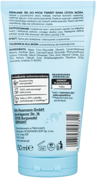 Tył tubki żelu do mycia twarzy Isana Czysta Skóra 150ml, niebieskie opakowanie z opisem składników i recyklingu.