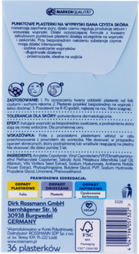 Tył opakowania Isana Punktowe Plasterki na wypryski (36 szt.), z instrukcją, składnikami, symbolami recyklingu i logo vegan.