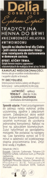 Delia Eyebrow Expert Tradycyjna Henna do Brwi w czarno-złotym opakowaniu z informacjami o długotrwałym efekcie.