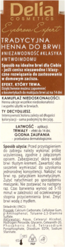 Brązowe opakowanie Delia Eyebrow Expert Tradycyjna Henna do Brwi z instrukcjami po polsku, widok z przodu.